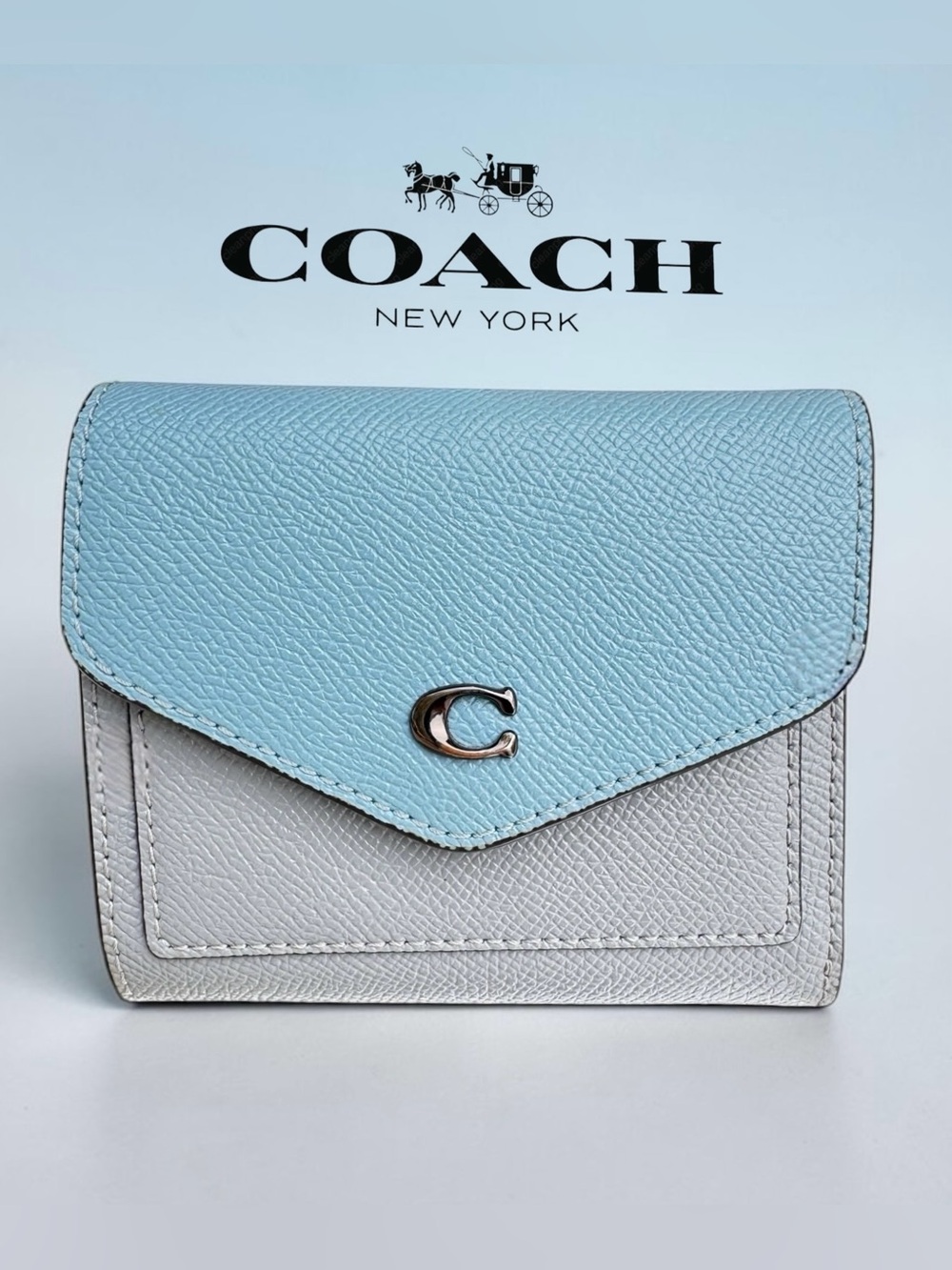 COACH Wyn Small Wallet in Dove Grey and Sky Blue Multi Colorblock.